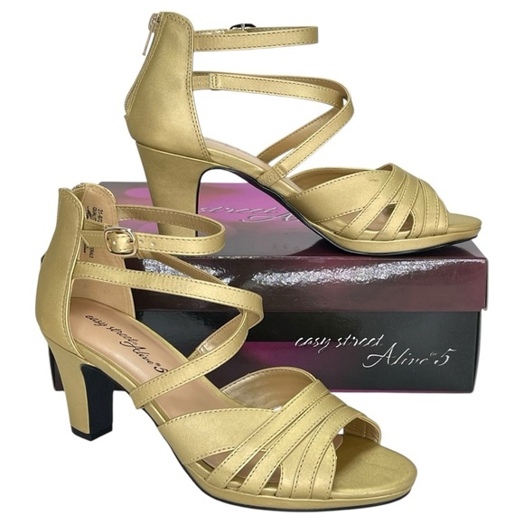 easy street Shoes - Easy Street Crissa Gold Satin Strappy Womens Heels Size 9.5M